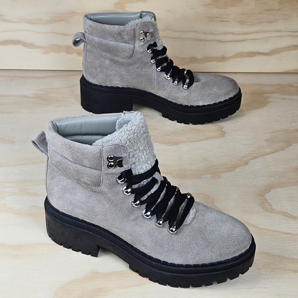 Marc Fisher MLNAIRY Grey Suede Faux Fur Combat Hiker Lug Sole Boots Womens 6.5 M